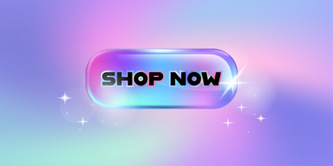 Shop now button, icon. 3d holographic gradient color button design. illustration vector premium.
