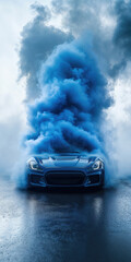 Blue sports car surrounded by colored smoke after rain