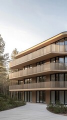 Fototapeta premium A contemporary wooden apartment building stands surrounded by greenery, illuminated by the soft, warm light of the setting sun, enhancing the tranquil setting of the outdoors.