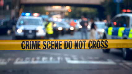 Crime Scene Tape Blocking Off a Busy Urban Street During an Active Police Investigation with Patrol Cars and Officers in the Background