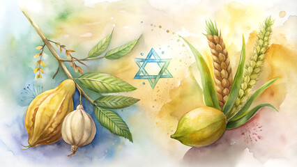 Watercolor illustration of etrog and lulav with a Star of David on a vibrant background
