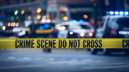 Crime Scene Tape Blocking Off a Busy Urban Street During an Active Police Investigation with Patrol Cars and Officers in the Background