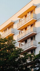 Fototapeta premium A contemporary wooden apartment building stands surrounded by greenery, illuminated by the soft, warm light of the setting sun, enhancing the tranquil setting of the outdoors