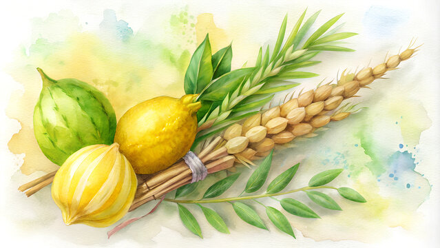 Watercolor illustration of lulav and etrog with wheat and greenery on a soft background