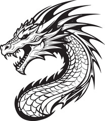 black dragon vector engraving illustration on a white background
