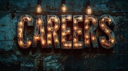 A mesmerizing image showcasing the word 'Careers' in glowing lights against a rustic background adorned with illuminated light bulbs, creating a warm ambiance.