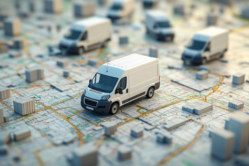 Fast delivery vans navigating a detailed city map, showcasing an efficient logistics fleet in action