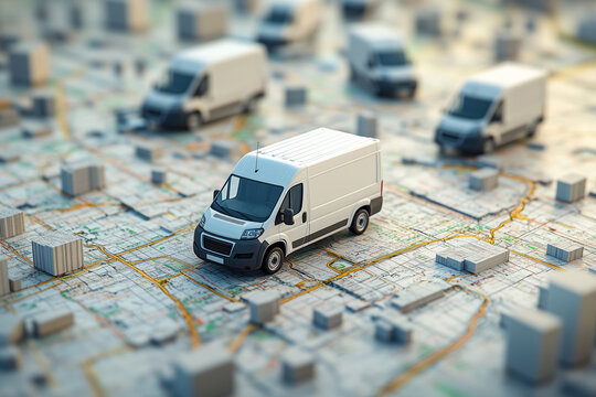 Fast delivery vans navigating a detailed city map, showcasing an efficient logistics fleet in action