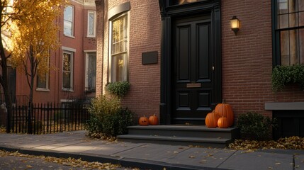 Naklejka premium A charming entryway features a pair of black wooden doors surrounded by festive Halloween decorations, including stacked pumpkins and colorful autumn leaves.