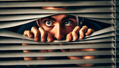 Person Peeking Suspiciously Through Horizontal Window Blinds with Wide Eyes and a Nervous Gaze in a Tense Moment