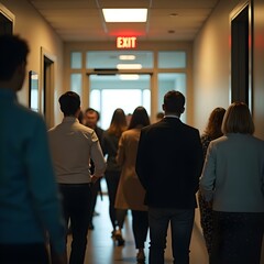 Calm Office Worker Leading Group to Emergency Exit During Fire Drill – Wide Angle View of Safe Evacuation with Exit Sign