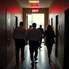 Calm Office Worker Leading Group to Emergency Exit During Fire Drill – Wide Angle View of Safe Evacuation with Exit Sign