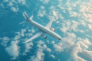 A majestic airplane gliding effortlessly through a sky adorned with fluffy clouds on a serene day, capturing the essence of travel and adventure