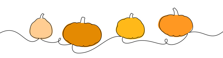 Vector illustration of four pumpkins in different orange shades, connected by curly vines in a minimalist design.