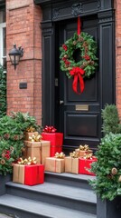 Naklejka premium The charming front door of a dark brick English house is beautifully decorated with Christmas wreaths and red ribbons. Presents are arranged on either side against a snowy backdrop.