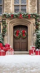 Fototapeta premium The charming front door of a dark brick English house is beautifully decorated with Christmas wreaths and red ribbons. Presents are arranged on either side against a snowy backdrop
