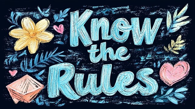 An artistically decorated sign bearing the text 'Know the Rules', surrounded by vibrant floral and leafy elements on a dark background. Emphasizes awareness and guidance.
