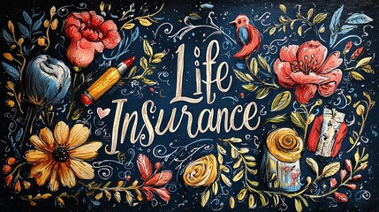 A colorful and engaging piece of artwork depicting the words Life Insurance among various playful and detailed floral elements, conveying protection and planning through artistic design.