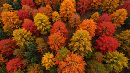 Vibrant autumn forest aerial view with red orange and yellow trees