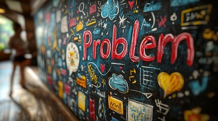 Obraz premium An artful image showcasing the word 'Problem' in vivid chalk typography on a blackboard, accompanied by various expressive and colorful doodles and elements.