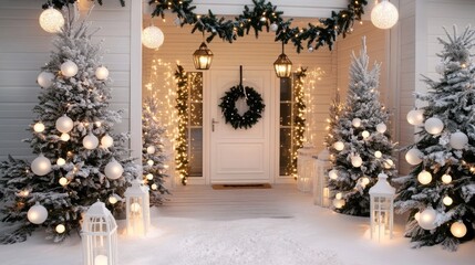 The white front door, decorated with a wreath and garland, stands proudly amidst two snowy Christmas trees, all surrounded by a winter wonderland of greenery and falling snow