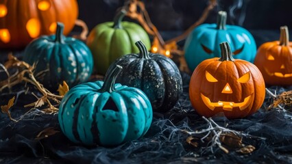 Decorative Pumpkins in Various Colors Arranged for Halloween Celebration at Night