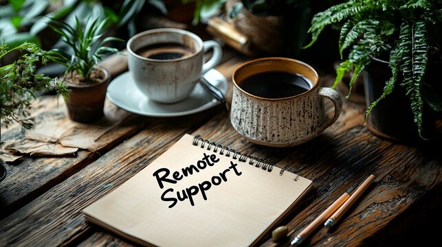 A cozy rustic scene with coffee mugs and a notebook marked 'Remote Support', surrounded by plants, creating a warm and supportive work environment.