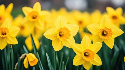 Field with blooming yellow daffodils. Fresh spring flowers growing in a clearing. Natural background. Growing flowers for sale in large quantities. Illustration for cover, postcard, card, etc.