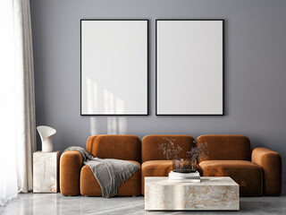 Frame mockup, ISO A paper size. Living room wall poster mockup. Interior mockup with house background. Modern interior design. 3D render
