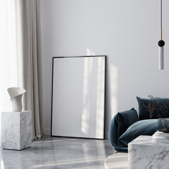 Frame mockup, ISO A paper size. Living room wall poster mockup. Interior mockup with house background. Modern interior design. 3D render
