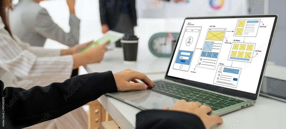 Poster ux ui design process for modish mobile application and website . creative prototype of wireframe for