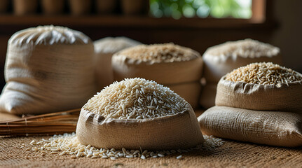 Piles of jasmine rice and raw rice grains in bulk
