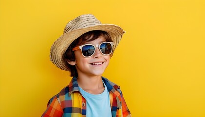 Joyful boy in straw hat and sunglasses beaming on vibrant yellow backdrop