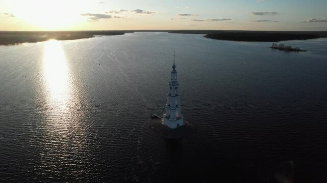Aerial view of the bell tower in Kalyazin Bell tower of St. Nicholas Cathedral (known as the flooded bell tower), 