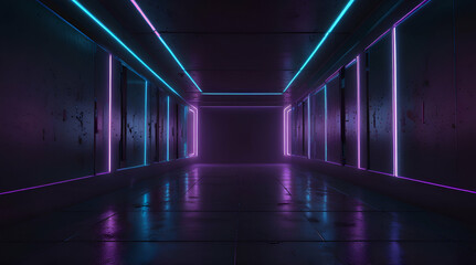 Generative AI artwork of a futuristic corridor with glowing purple and blue neon lights.Generative.Ai
