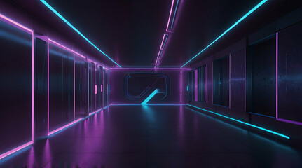 Generative AI artwork of a futuristic corridor with glowing purple and blue neon lights.Generative.Ai
