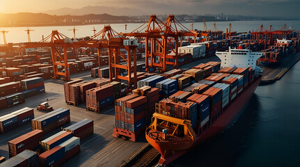Container cargo ship logistics with crane bridge at deep sea port for global import export.Generative.Ai
