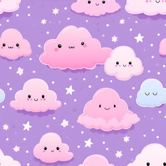 Playful cloud pattern with smiling faces, cheerful mood, whimsical design, purple background