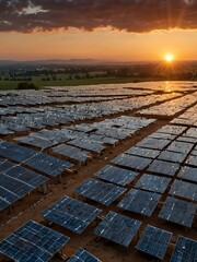 Stunning sunrise over solar panels, highlighting clean energy.