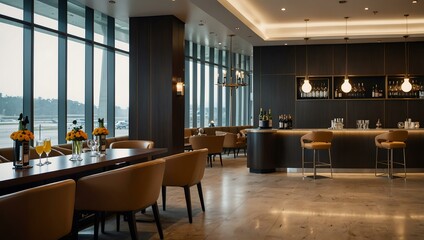 Stylish airport lounge with a chic buffet area and premium drinks.
