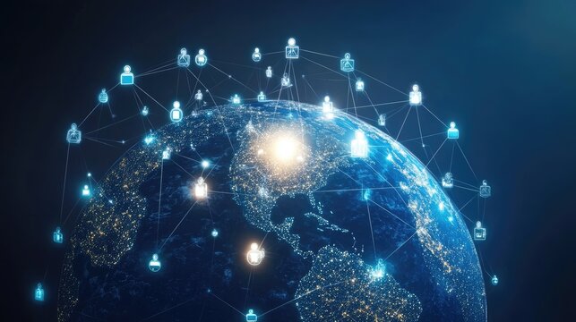 Global social media network connection, people icons on planet earth globe. Internet technology and online data exchange
