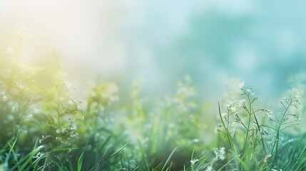 Obraz premium Sunny spring meadow blur background; gradient from blue sky to green grass.