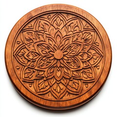 Intricate wooden carving featuring a beautiful floral mandala design, highlighting craftsmanship and artistry in woodwork, white background