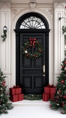 The black front door showcases a vibrant Christmas wreath and garland, flanked by two festive trees and surrounded by red gift boxes, creating a warm holiday welcome