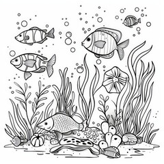 coloring page, line art, a sealife scene, minimalist, simple shapes, use bold of lines