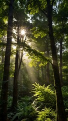 Sunlight filtering through a green forest canopy.