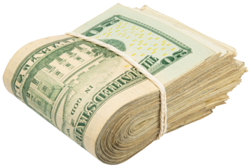 Stack of twenty American bills. Cash wad roll. Money rolled in half with rubber band. Green USA bank notes. USD banking saving 20$ bills. Paper money note. Business success. Rich. Isolated background