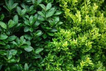 Assortment of pruned leafy bushes for exterior environments