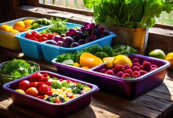 colorful meal prep containers overflowing fresh vegetables showcasing healthy nutrient rich lifestyle balanced eating, food, storage, produce, fruit, meals