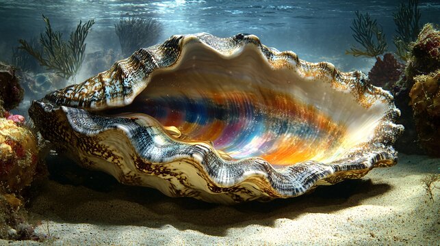 A large, iridescent clam shell with a colorful interior sits open on a sandy ocean bottom.